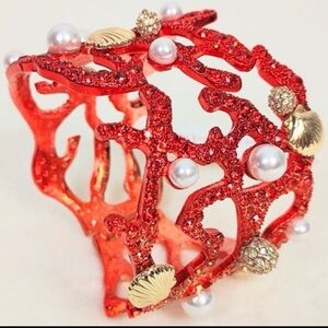 BETSEY JOHNSON Mermaid Jewel Coral Pearls Crystals & Shells Hinged Bracelet NWT